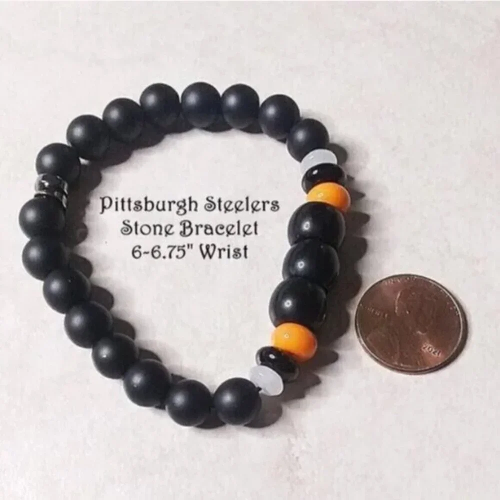 Pittsburgh Steelers Fan Bracelet • Black Agate • Teen Boys Girls Unisex 6.75